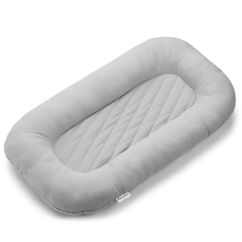 Both Hands Baby Lounger in Stone, light grey cotton lounger on a white background