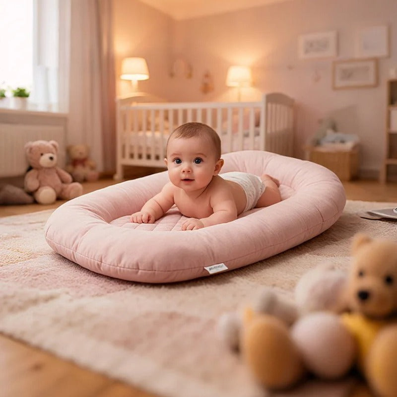 Both Hands Baby Lounger in a nursery, baby resting on their tummy inside the padded lounger beside a crib