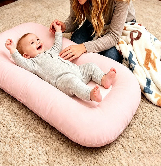 Parent kneeling beside a baby lying in the Both Hands Baby Lounger on a living room rug