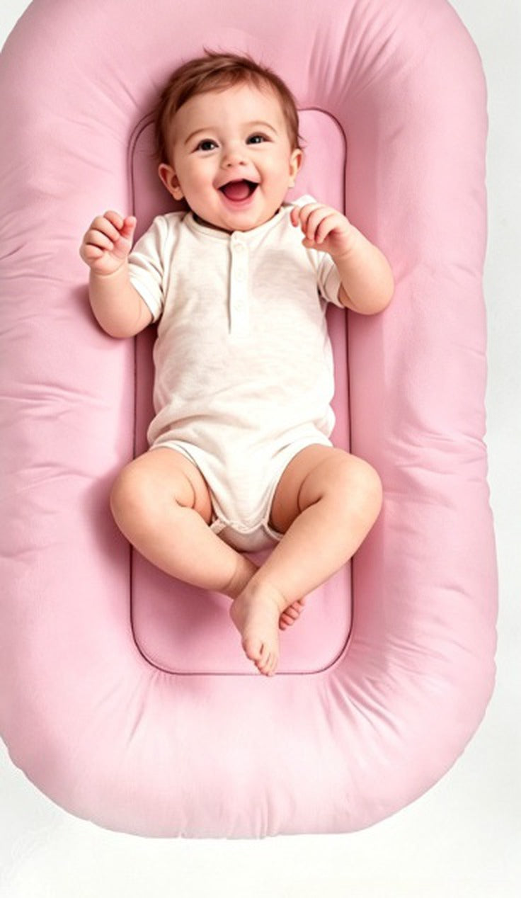 Overhead view of a baby lying inside the Both Hands Baby Lounger showing the padded side bolsters