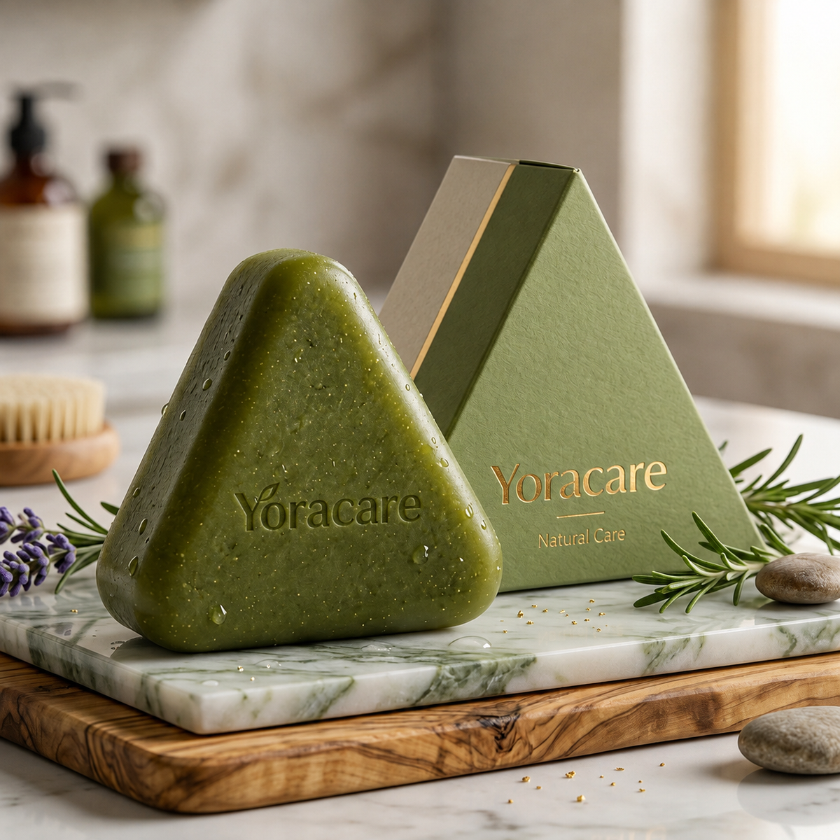 Green triangular scalp bar on a marble tray with rosemary