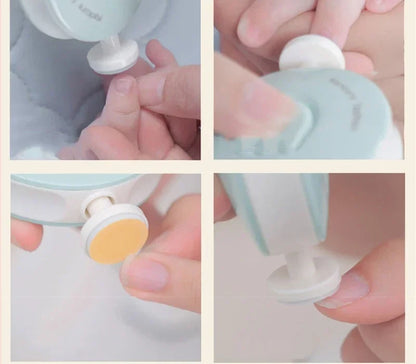Four close-ups of the trimmer in use on a baby's fingers and toes