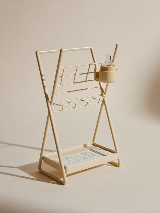 PLACEHOLDER (AI-generated) - Cream bottle drying rack on cream