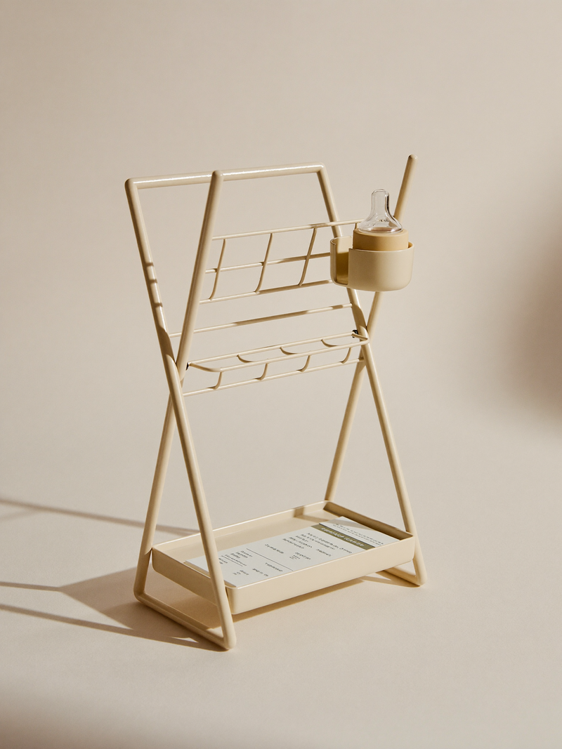 PLACEHOLDER (AI-generated) - Cream bottle drying rack on cream