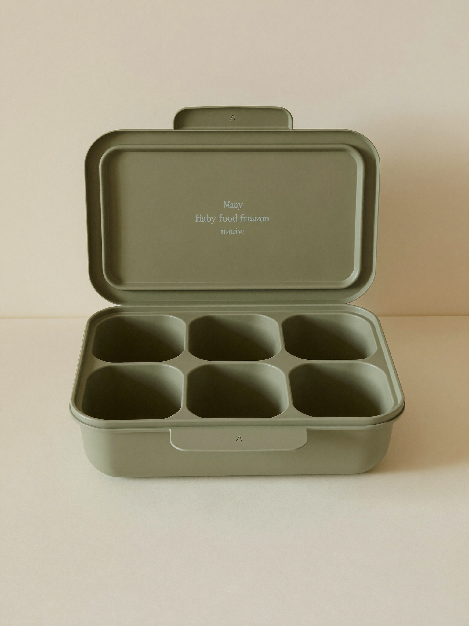PLACEHOLDER (AI-generated) - Sage silicone freezer portion tray on cream