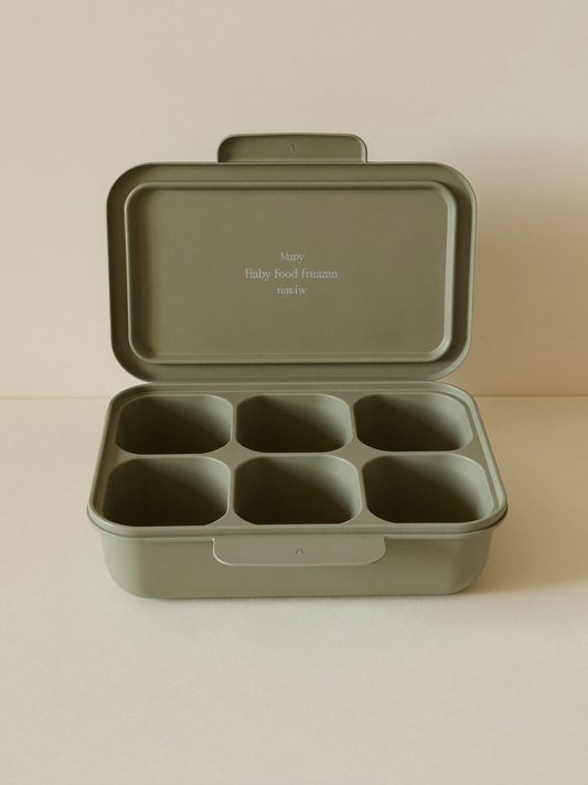 PLACEHOLDER (AI-generated) - Sage silicone freezer portion tray on cream