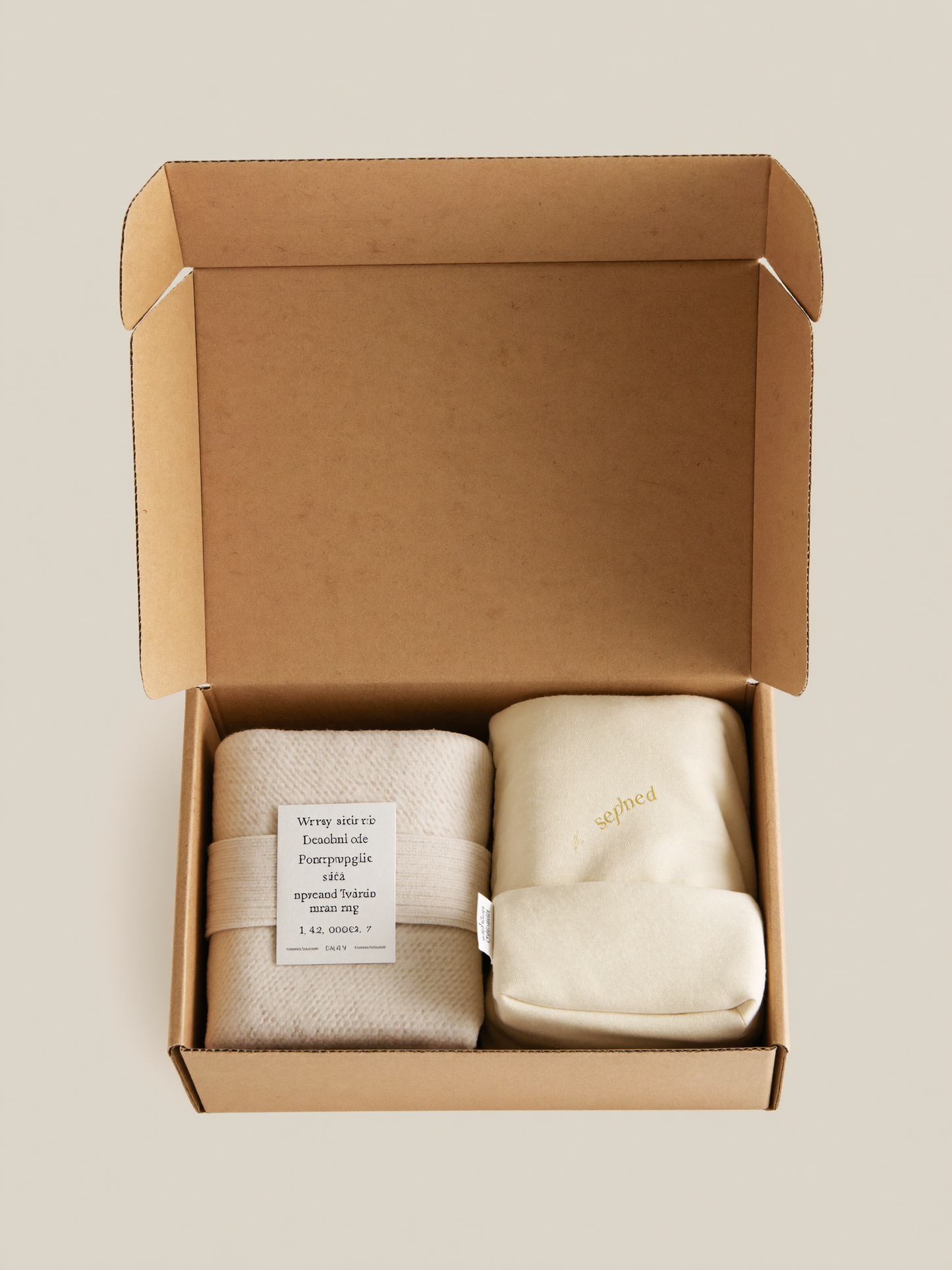 PLACEHOLDER (AI-generated) - Open kraft gift box with swaddles and sleep bag