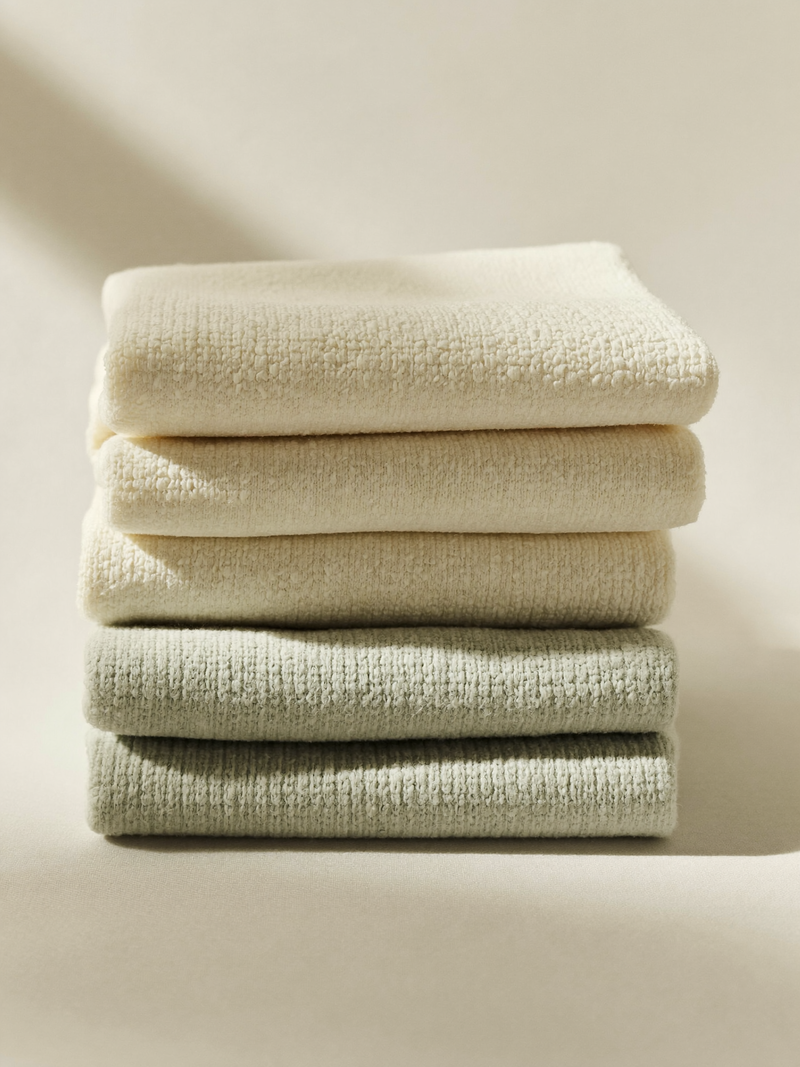 PLACEHOLDER (AI-generated) - Six folded bamboo washcloths on cream