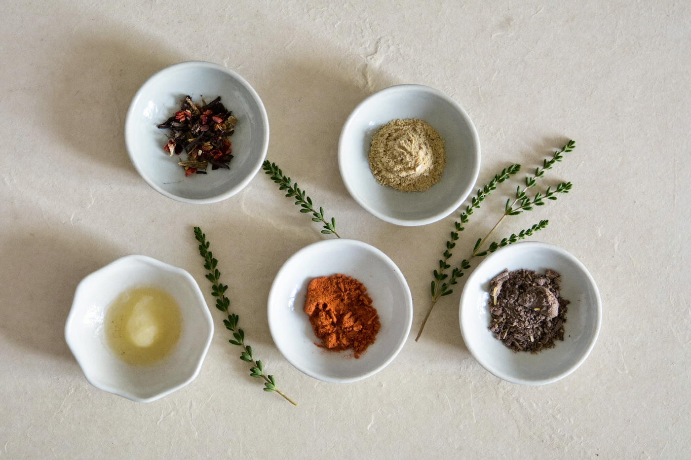 Raw botanical ingredients and powders in small white dishes