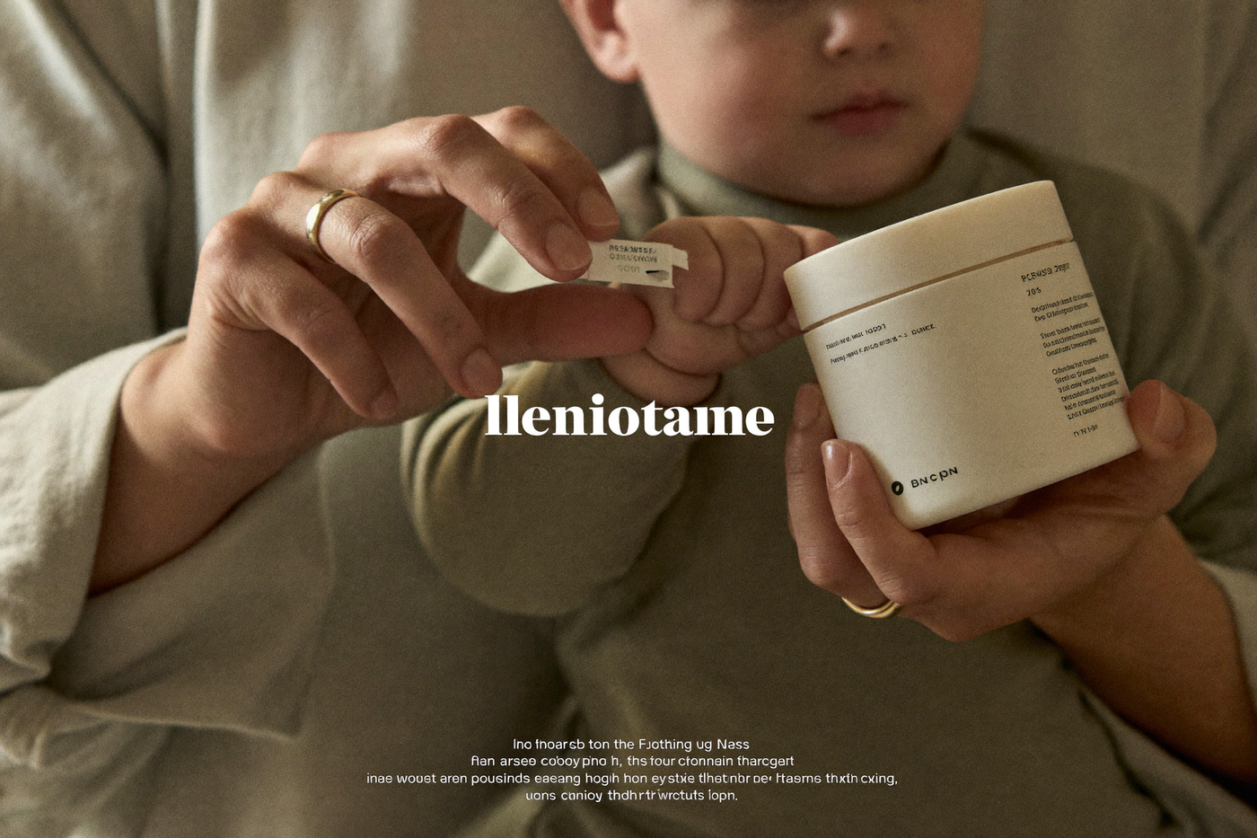 A parent reading a product label in soft kitchen light