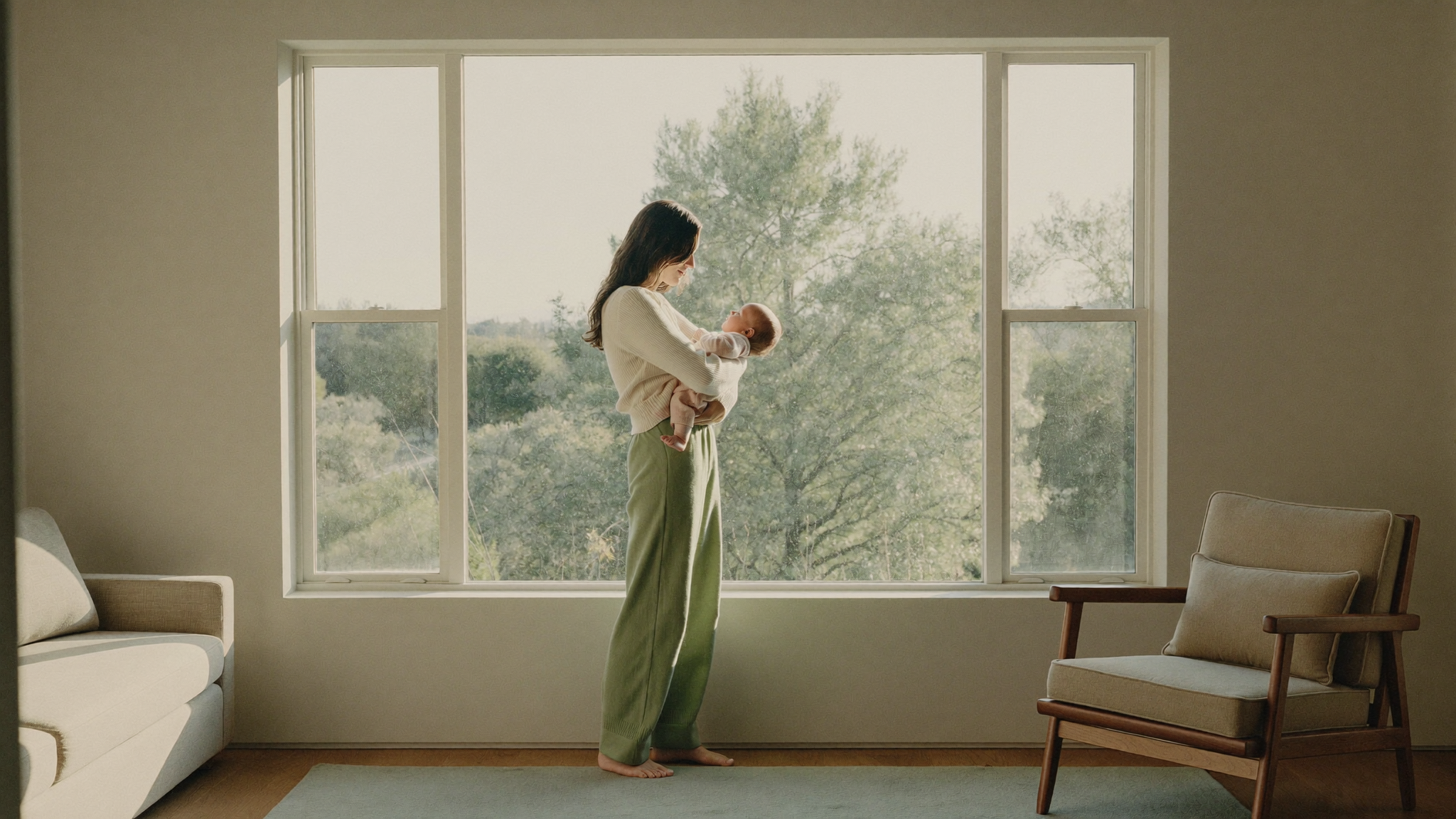 A mother holding her baby by a large sunlit window