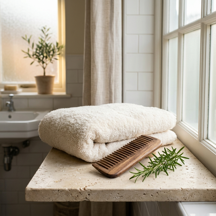 Towel, comb and rosemary on a bathroom shelf