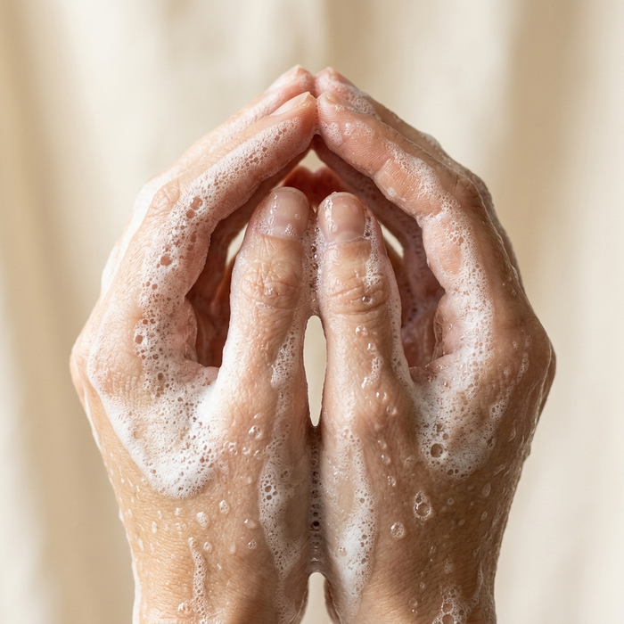 Hands with soft white lather